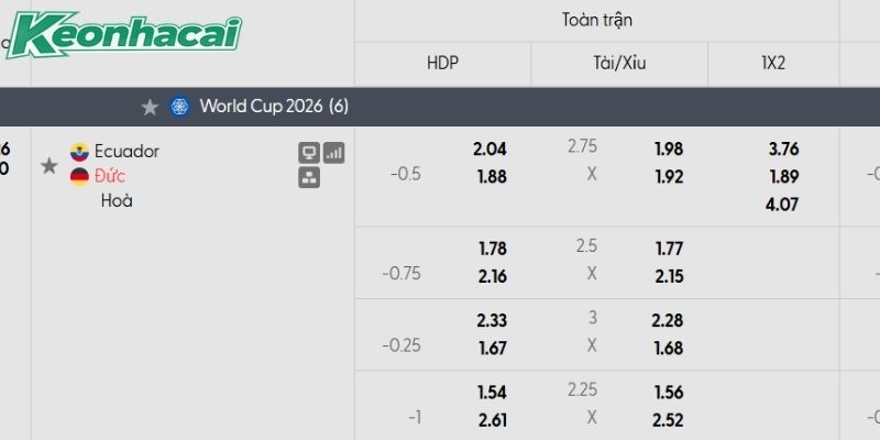 Tỷ lệ kèo Ecuador vs Đức Tỷ lệ kèo Ecuador vs Đức